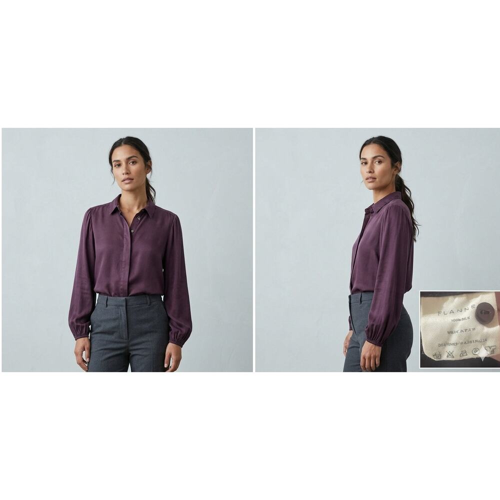 Australia 100% Silk Bishop Sleeve Blouse Plum Purple EUC Size 1 / S